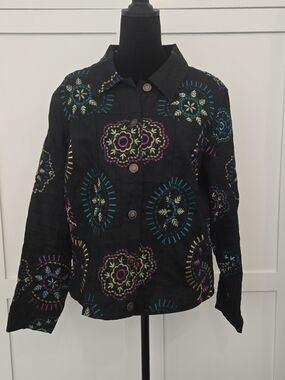 Vtg Carole Little 90's Embroidered Linen Boxy Jacket Black Boho Art To Wear 1X